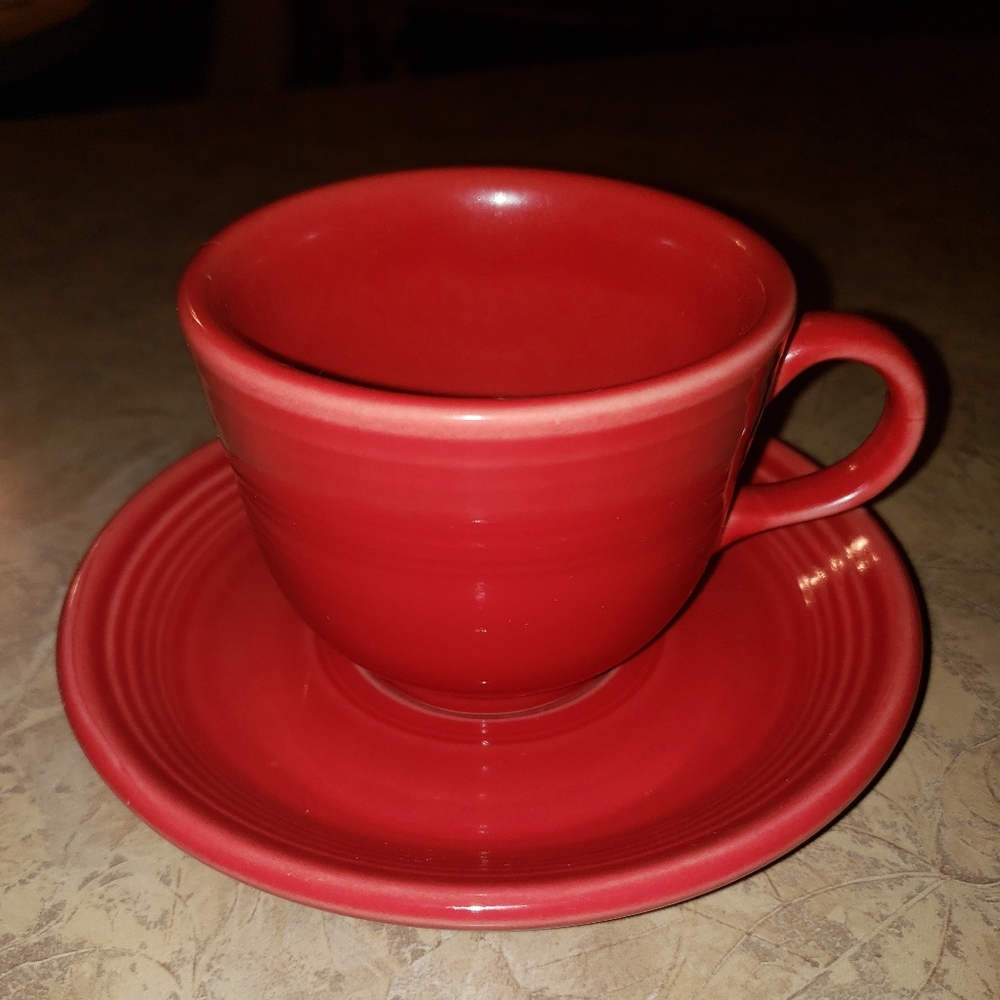 Fiesta Cup & Saucer Homer Laughlin Ring Handle Coffee Tea Red